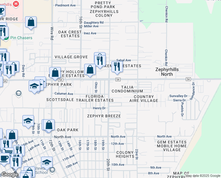 map of restaurants, bars, coffee shops, grocery stores, and more near 6416 20th Street in Zephyrhills