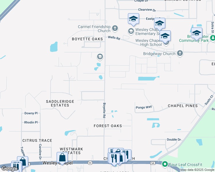 map of restaurants, bars, coffee shops, grocery stores, and more near 6424 Boyette Road in Wesley Chapel