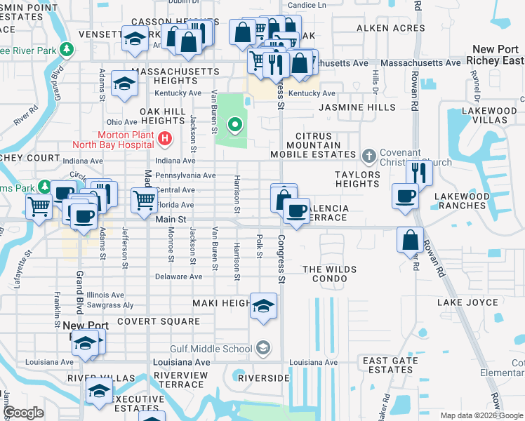 map of restaurants, bars, coffee shops, grocery stores, and more near 6330 Polk Street in New Port Richey