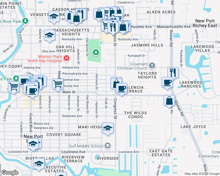 map of restaurants, bars, coffee shops, grocery stores, and more near 6338 Polk Street in New Port Richey