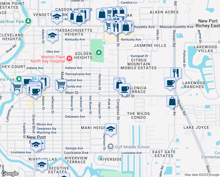map of restaurants, bars, coffee shops, grocery stores, and more near 6338 Polk Street in New Port Richey