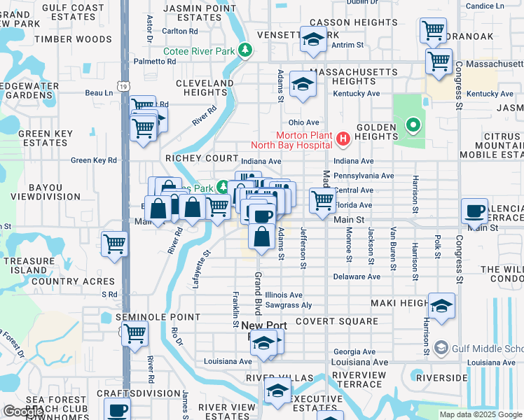 map of restaurants, bars, coffee shops, grocery stores, and more near 6577 Circle Boulevard in New Port Richey