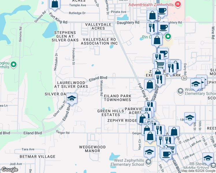 map of restaurants, bars, coffee shops, grocery stores, and more near 37524 Eiland Boulevard in Zephyrhills
