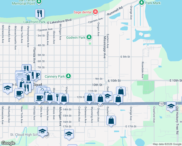map of restaurants, bars, coffee shops, grocery stores, and more near 714 Wyoming Avenue in St. Cloud