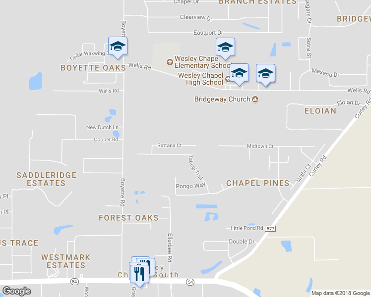 map of restaurants, bars, coffee shops, grocery stores, and more near 30312 Rattana Court in Wesley Chapel