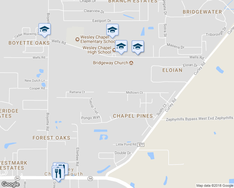 map of restaurants, bars, coffee shops, grocery stores, and more near 30540 Midtown Court in Wesley Chapel