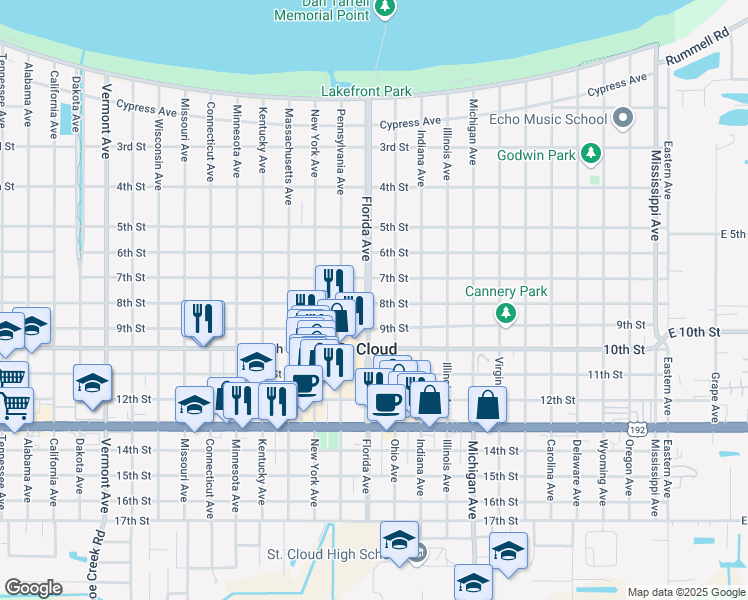 map of restaurants, bars, coffee shops, grocery stores, and more near 723 Florida Avenue in Saint Cloud