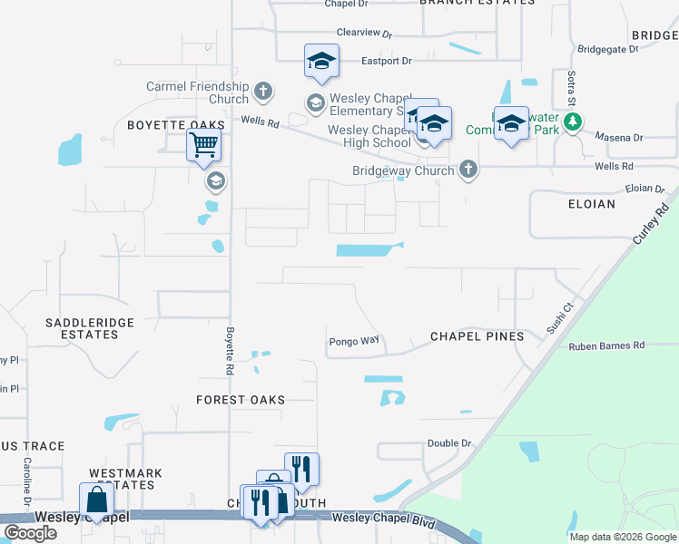 map of restaurants, bars, coffee shops, grocery stores, and more near 30300 Rattana Court in Wesley Chapel