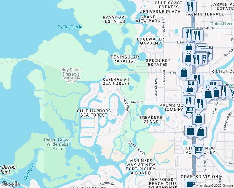 map of restaurants, bars, coffee shops, grocery stores, and more near 6351 Fjord Way in New Port Richey