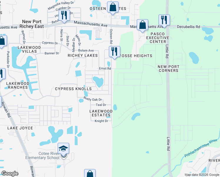 map of restaurants, bars, coffee shops, grocery stores, and more near 7914 Sun Country Drive in New Port Richey