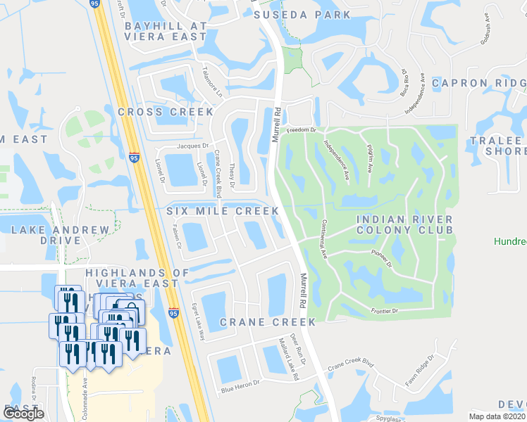 map of restaurants, bars, coffee shops, grocery stores, and more near 1290 Ambra Drive in Melbourne