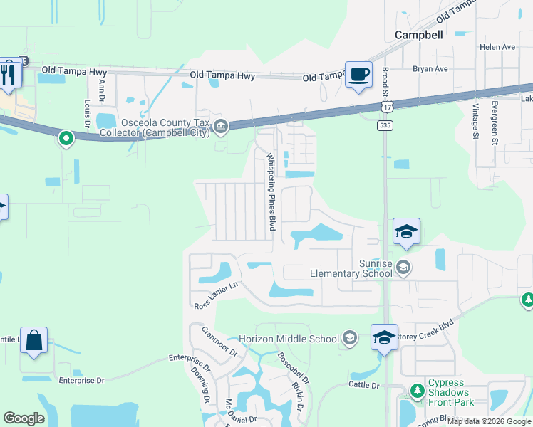 map of restaurants, bars, coffee shops, grocery stores, and more near 1737 Conifer Avenue in Kissimmee