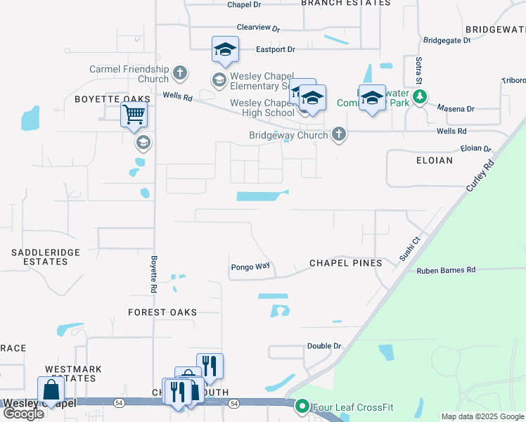 map of restaurants, bars, coffee shops, grocery stores, and more near 30351 Rattana Court in Wesley Chapel