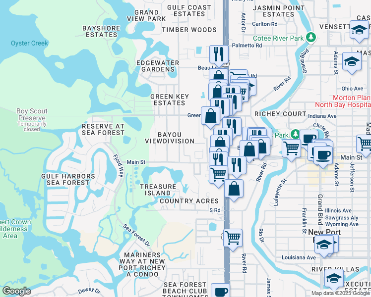 map of restaurants, bars, coffee shops, grocery stores, and more near 6414 Oelsner Street in New Port Richey