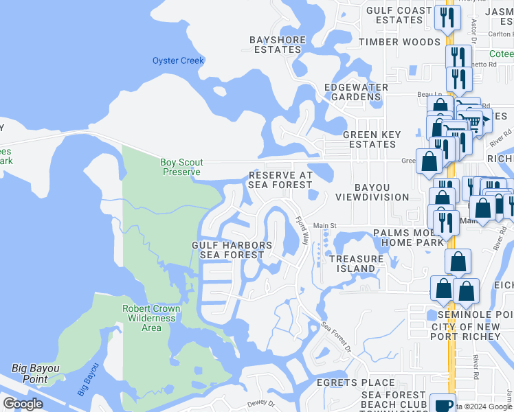 map of restaurants, bars, coffee shops, grocery stores, and more near 6323 Spoonbill Drive in Port Richey