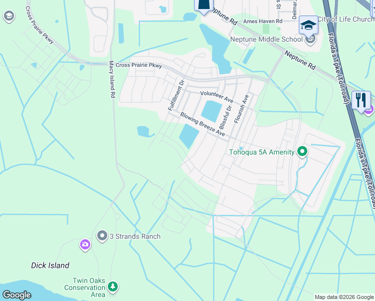 map of restaurants, bars, coffee shops, grocery stores, and more near 1601-1649 Breezewood Street in Kissimmee