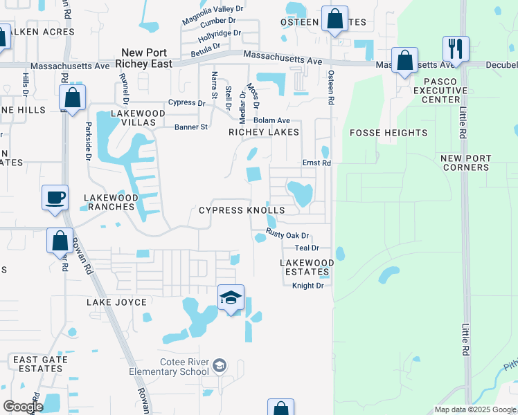 map of restaurants, bars, coffee shops, grocery stores, and more near 6336 Wooden Street in New Port Richey