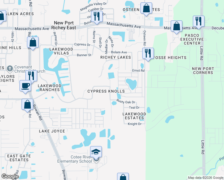 map of restaurants, bars, coffee shops, grocery stores, and more near 6336 Wooden Street in New Port Richey