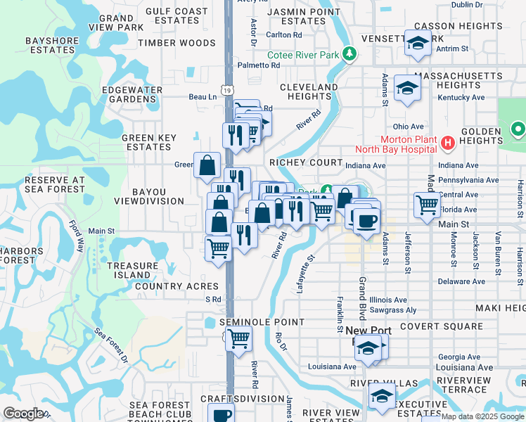 map of restaurants, bars, coffee shops, grocery stores, and more near Bridge Road in New Port Richey