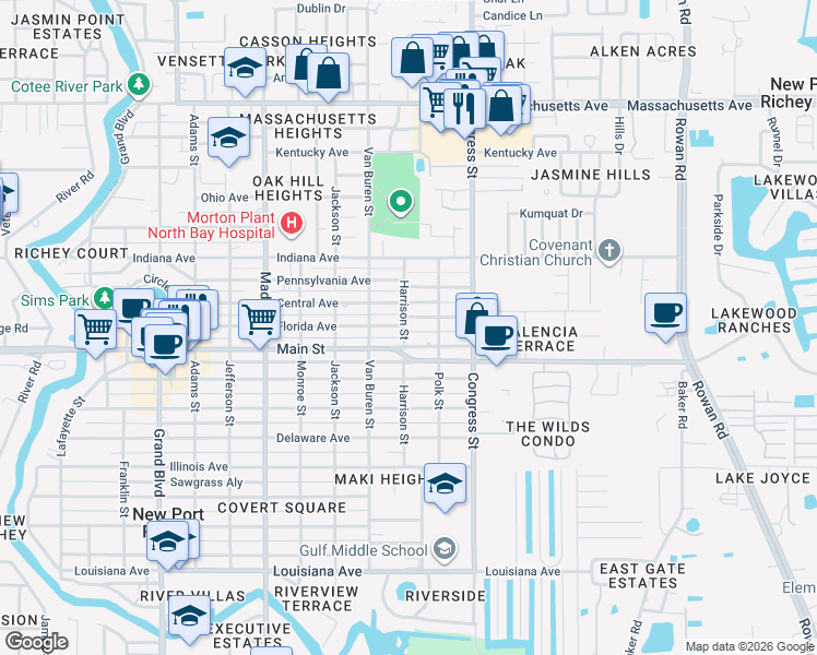 map of restaurants, bars, coffee shops, grocery stores, and more near 6340 Harrison Street in New Port Richey