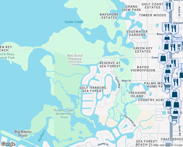 map of restaurants, bars, coffee shops, grocery stores, and more near 6351 Garland Court in New Port Richey
