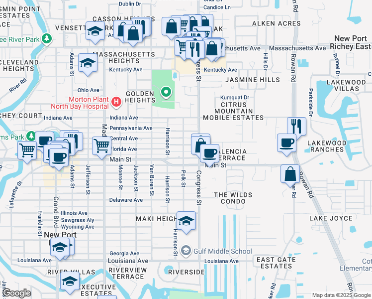 map of restaurants, bars, coffee shops, grocery stores, and more near 6338 Polk Street in New Port Richey
