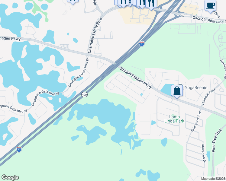 map of restaurants, bars, coffee shops, grocery stores, and more near 112 Whirlaway Drive in Davenport