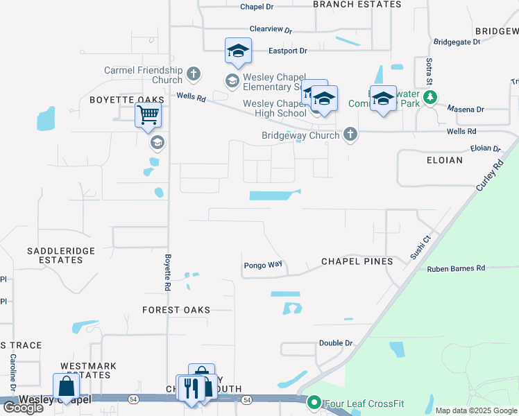 map of restaurants, bars, coffee shops, grocery stores, and more near 30334 Rattana Court in Wesley Chapel