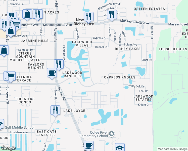 map of restaurants, bars, coffee shops, grocery stores, and more near 6336 Runnel Drive in New Port Richey