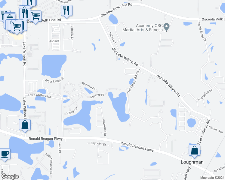 map of restaurants, bars, coffee shops, grocery stores, and more near 1110 Reserve Place in Davenport