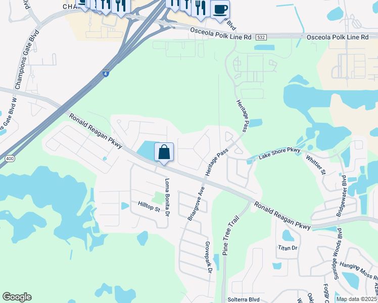 map of restaurants, bars, coffee shops, grocery stores, and more near 113 Bay Leaf Lane in Davenport