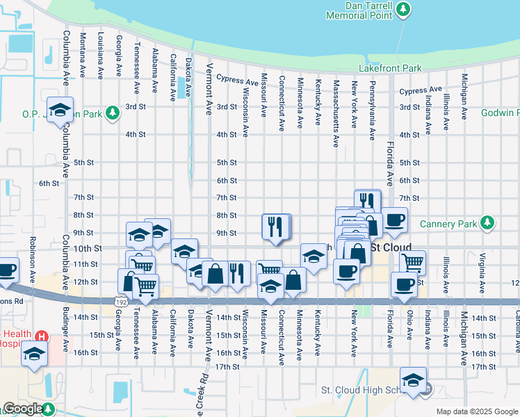 map of restaurants, bars, coffee shops, grocery stores, and more near 716 Missouri Avenue in St. Cloud