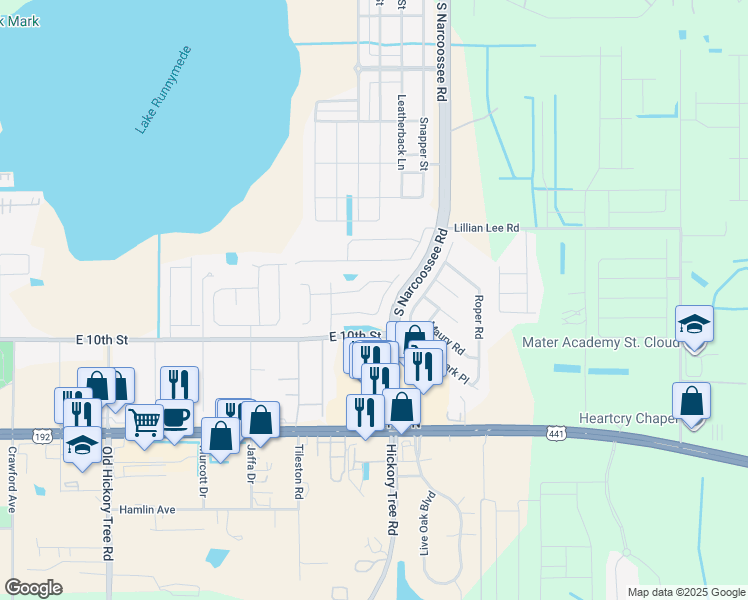 map of restaurants, bars, coffee shops, grocery stores, and more near 4821 Jeanette Court in St. Cloud