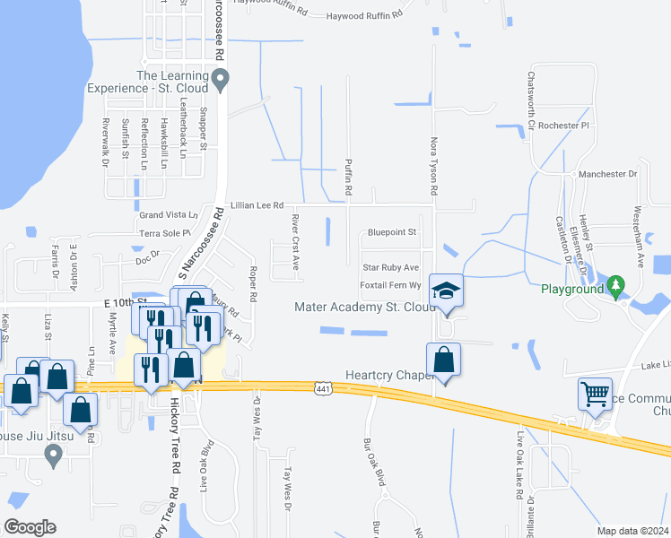 map of restaurants, bars, coffee shops, grocery stores, and more near 1860 Puffin Road in Saint Cloud