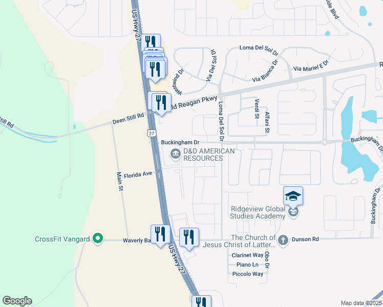map of restaurants, bars, coffee shops, grocery stores, and more near 6525 Ronald Reagan Parkway in Davenport