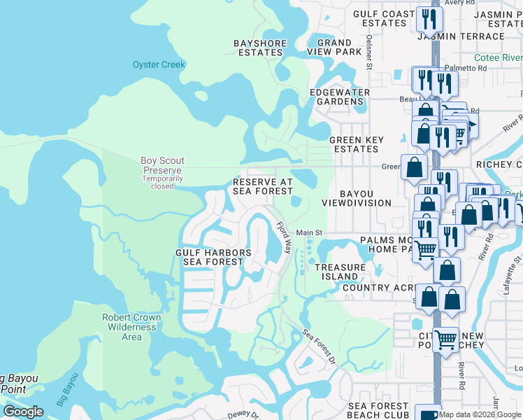 map of restaurants, bars, coffee shops, grocery stores, and more near 6344 Spoonbill Drive in New Port Richey