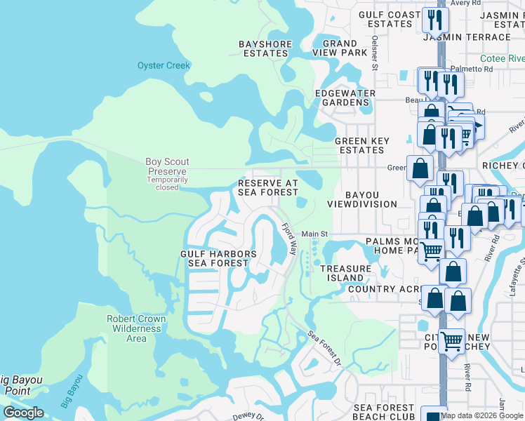 map of restaurants, bars, coffee shops, grocery stores, and more near 6344 Spoonbill Drive in New Port Richey