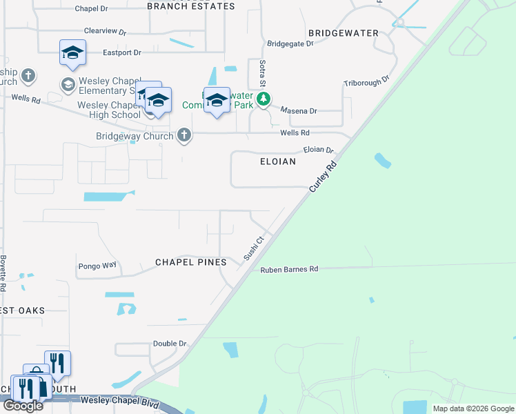 map of restaurants, bars, coffee shops, grocery stores, and more near 30931 Midtown Court in Wesley Chapel