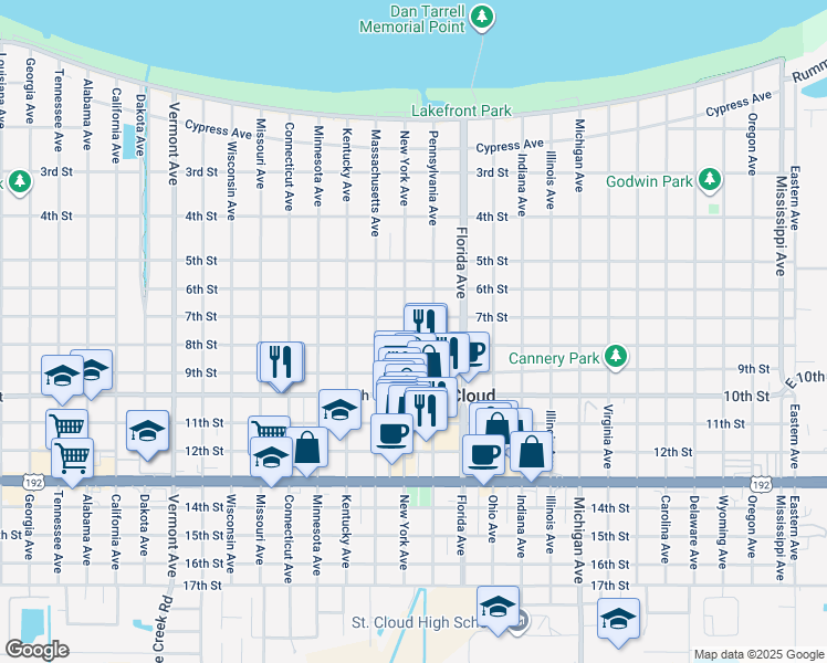 map of restaurants, bars, coffee shops, grocery stores, and more near 715 New York Avenue in St. Cloud