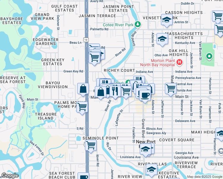 map of restaurants, bars, coffee shops, grocery stores, and more near 6352 River Road in New Port Richey