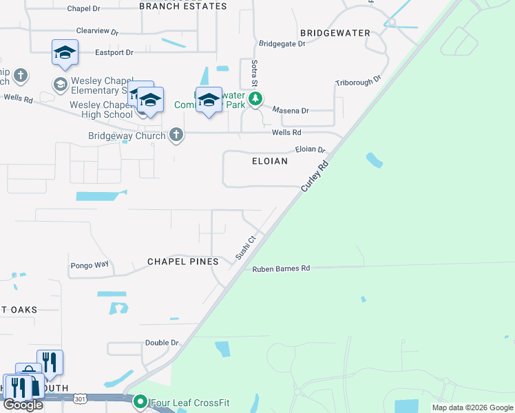 map of restaurants, bars, coffee shops, grocery stores, and more near 30949 Midtown Court in Wesley Chapel