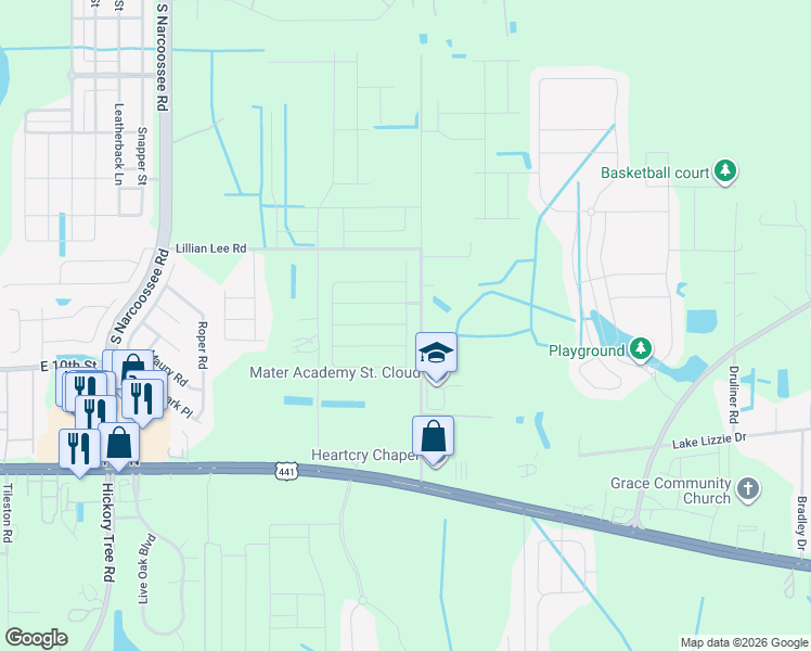 map of restaurants, bars, coffee shops, grocery stores, and more near 1801 Rain Lily Place in Saint Cloud