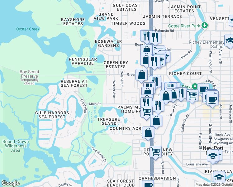 map of restaurants, bars, coffee shops, grocery stores, and more near 6344 Werner Avenue in New Port Richey