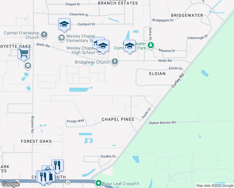 map of restaurants, bars, coffee shops, grocery stores, and more near 30653 Midtown Court in Wesley Chapel