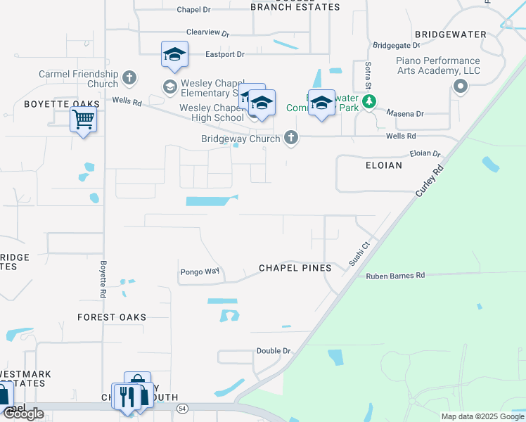 map of restaurants, bars, coffee shops, grocery stores, and more near 30547 Midtown Court in Wesley Chapel