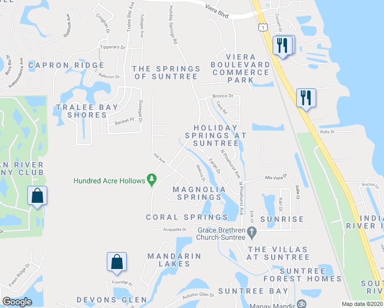 map of restaurants, bars, coffee shops, grocery stores, and more near 1440 Wekiva Drive in Melbourne