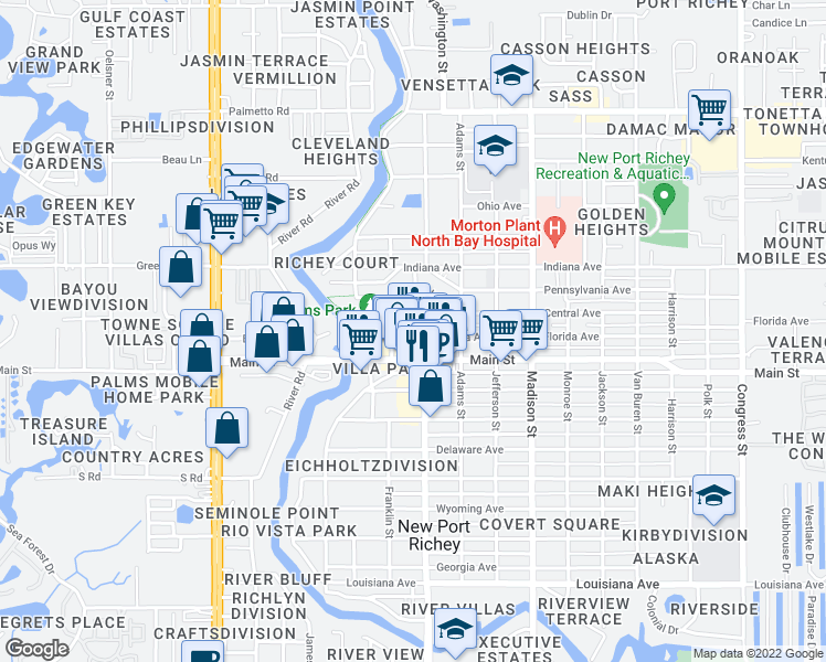 map of restaurants, bars, coffee shops, grocery stores, and more near 6398 Grand Boulevard in New Port Richey