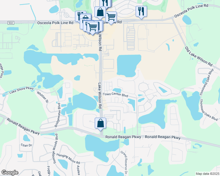 map of restaurants, bars, coffee shops, grocery stores, and more near 209 Town Center Boulevard in Davenport