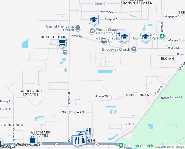 map of restaurants, bars, coffee shops, grocery stores, and more near 30221 Rattana Court in Wesley Chapel
