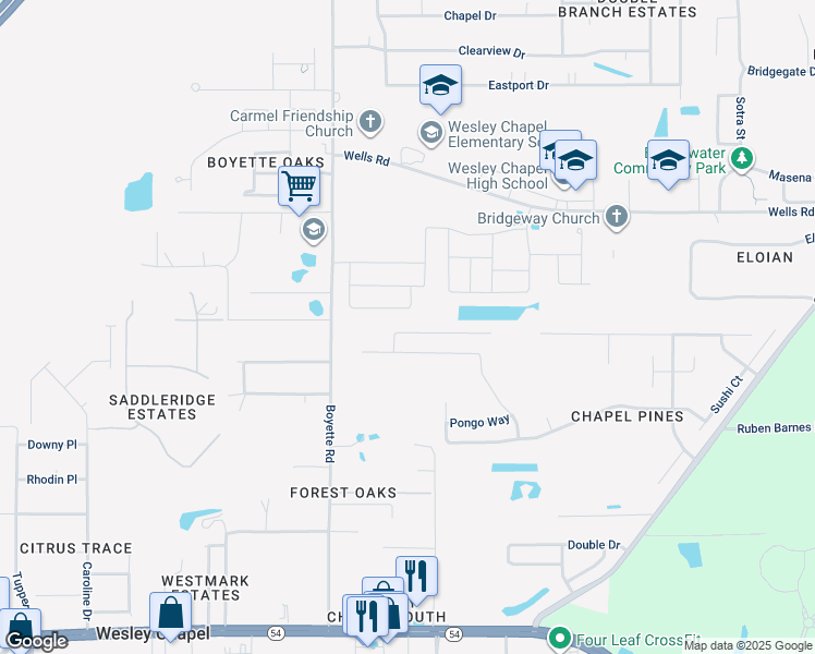 map of restaurants, bars, coffee shops, grocery stores, and more near 30135 Rattana Court in Wesley Chapel